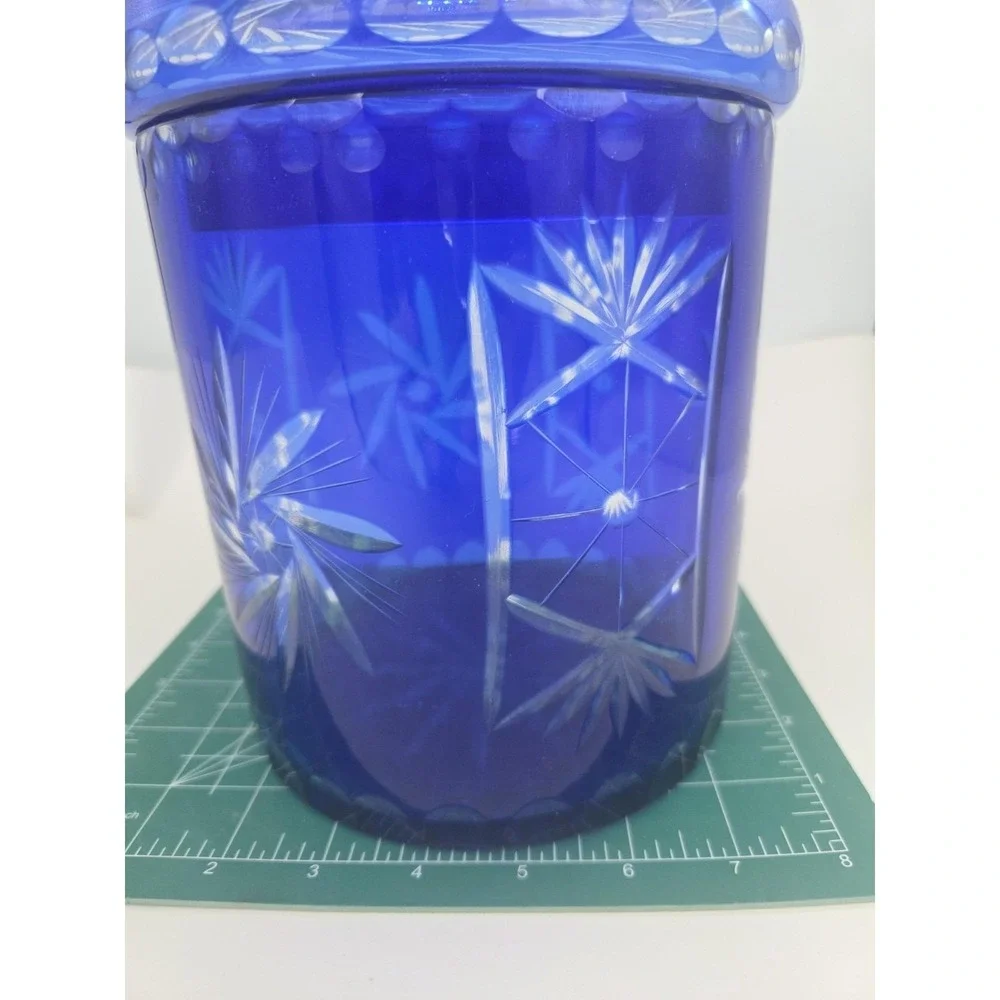 Bohemian Czech Cobalt Blue Cut to Clear Pinwheel Biscuit Cookie Jar Ice Bucket